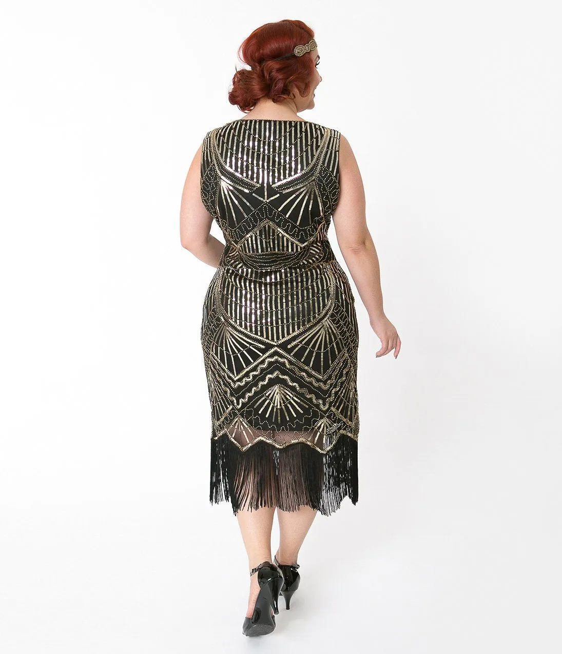 Unique Vintage Plus Size Black & Gold Sequin Therese Long Flapper Dress